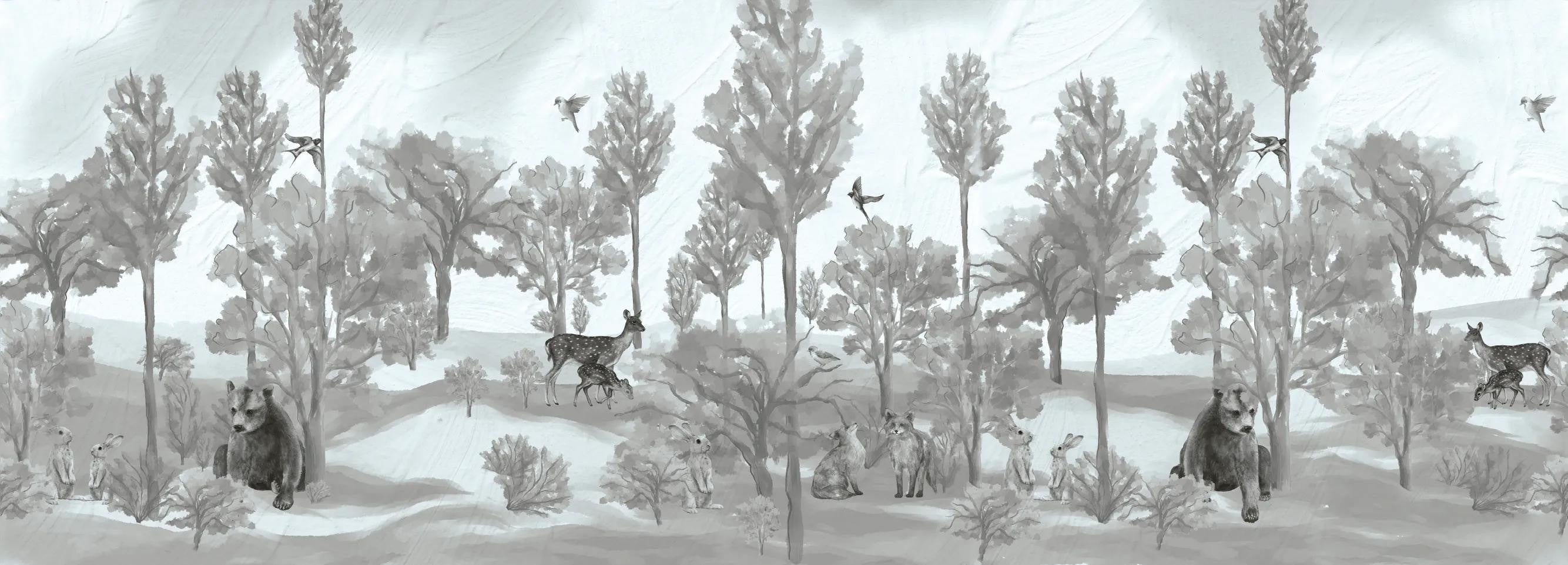 Foggy forest faun in grey Wallpaper Vladila