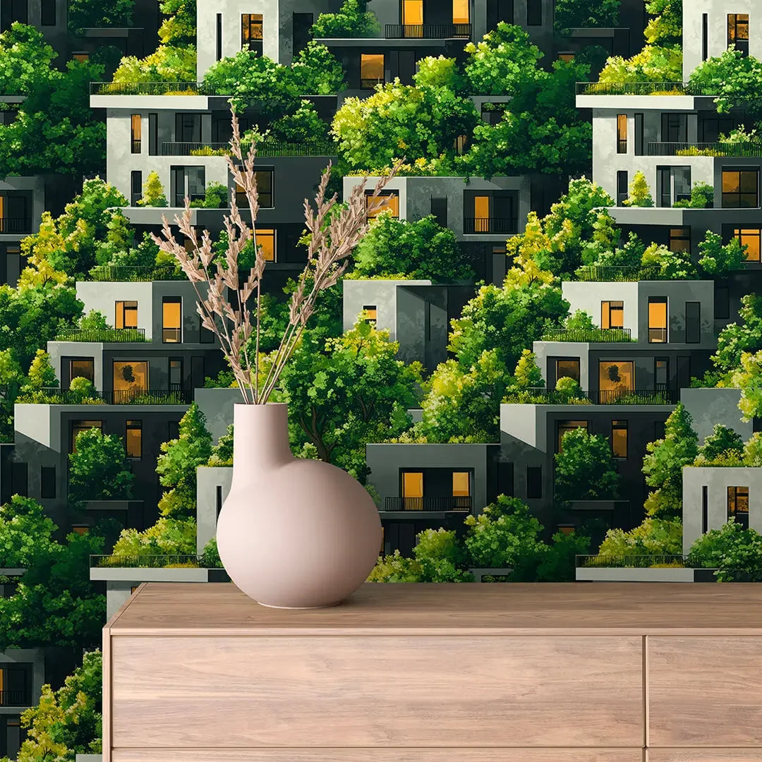 Verdant Urban Oasis at Dusk - WallCreatives