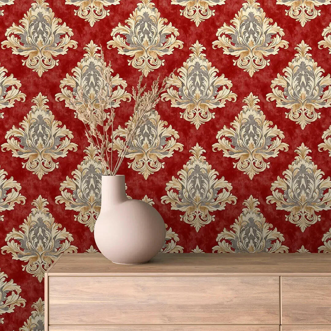 Regal Crimson Damask Tapestry - WallCreatives