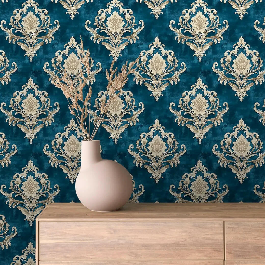 Imperial Teal Damask Scroll - WallCreatives