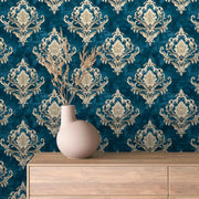 Imperial Teal Damask Scroll - WallCreatives