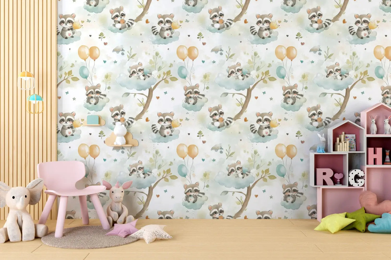 Whimsical Raccoon Sky Adventure WallCreatives