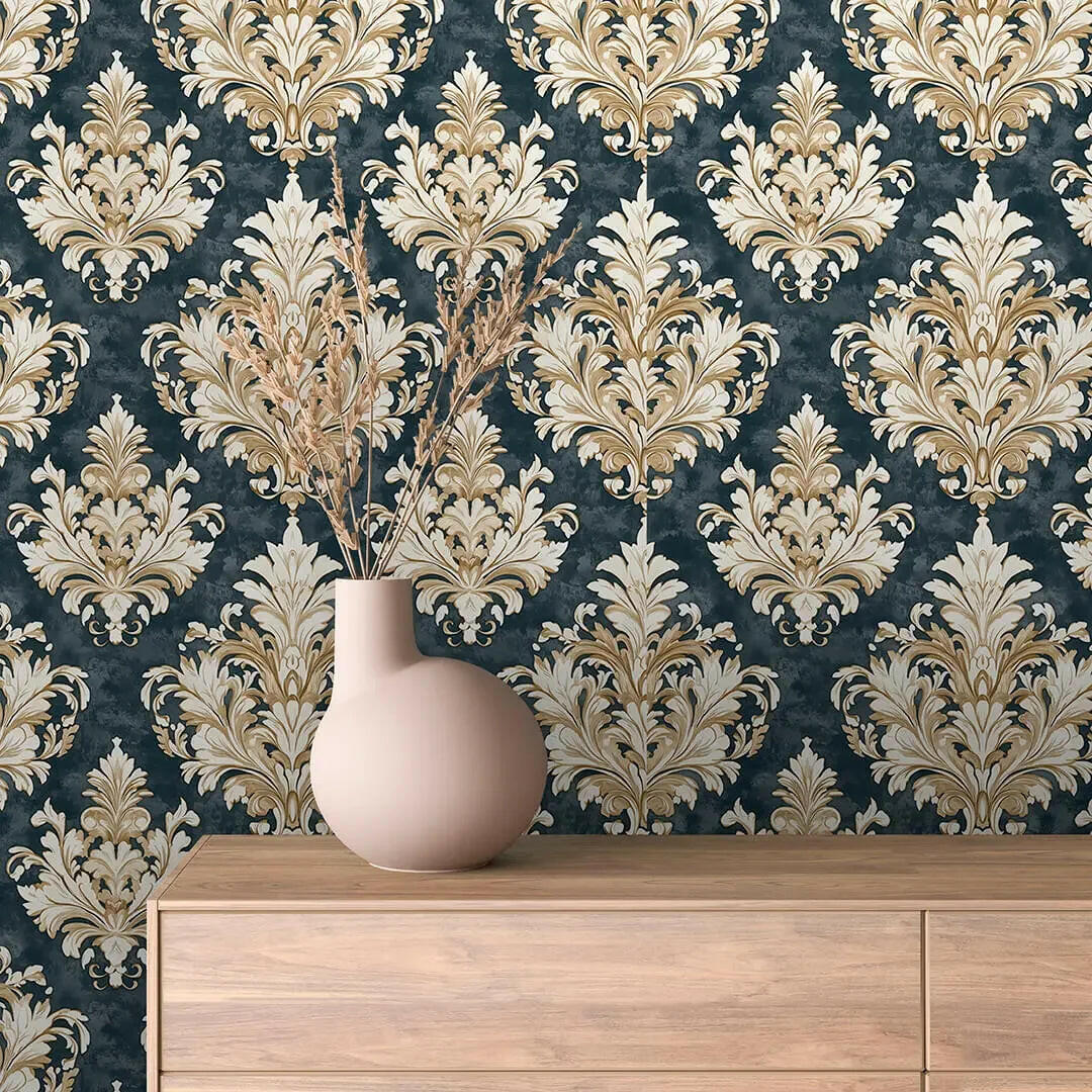 Sovereign Gold & Slate Damask - WallCreatives