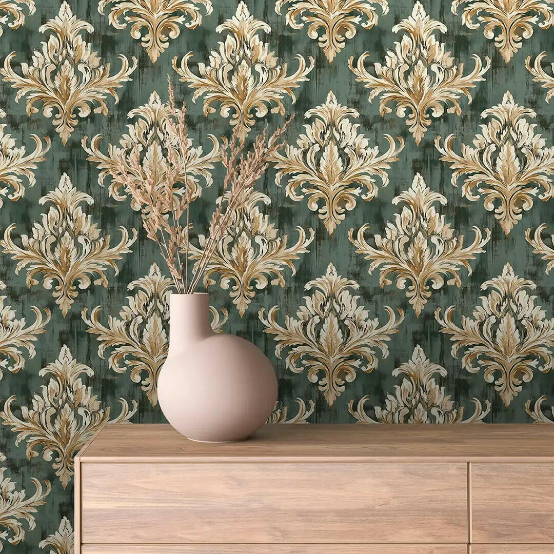 Regal Veridian Damask Wallpaper - WallCreatives