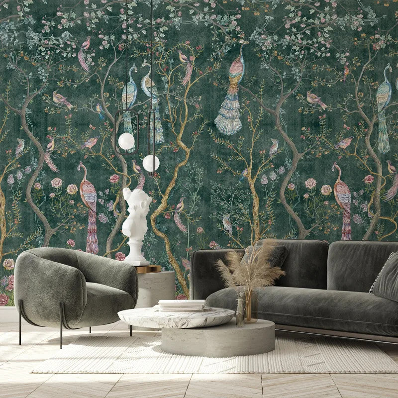 Peacock Chinoiserie in Emerald Wallpaper Vladila