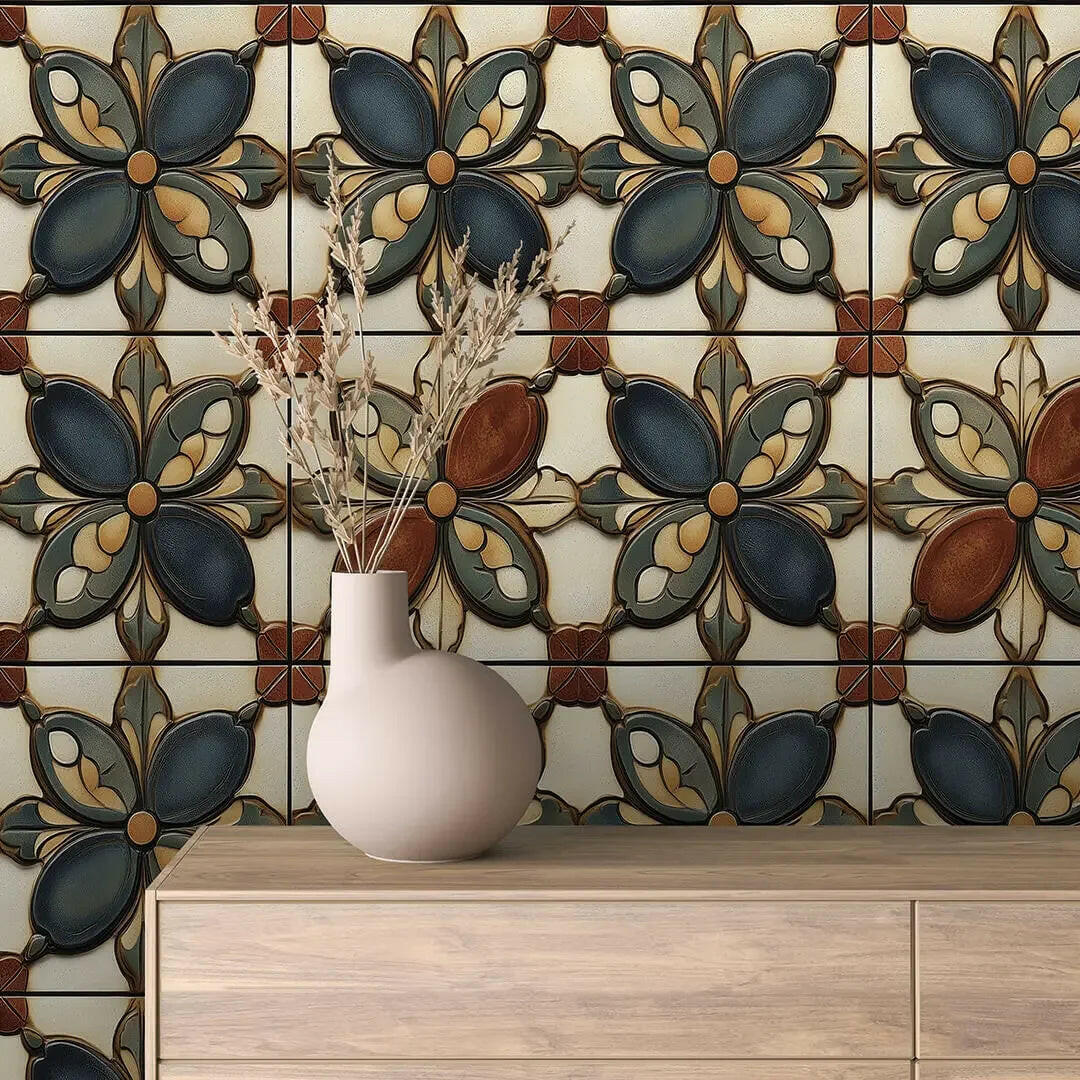 Earthen Bloom Glazed Tile Wallpaper - WallCreatives