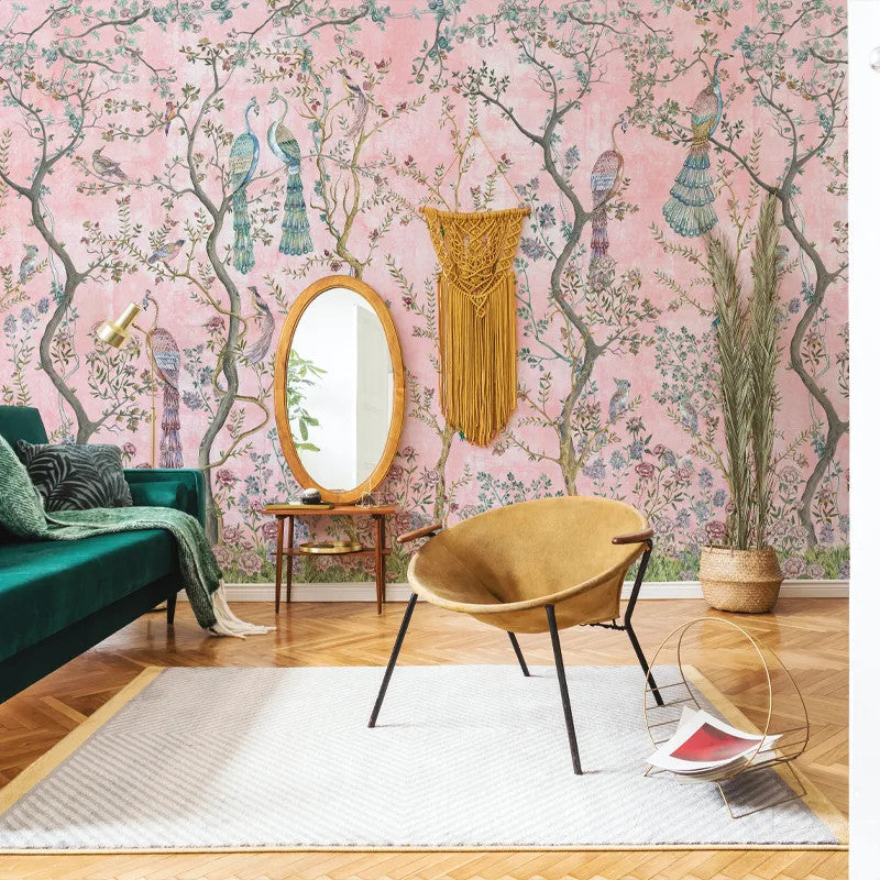 Peacock Chinoiserie in Rosa Wallpaper Vladila