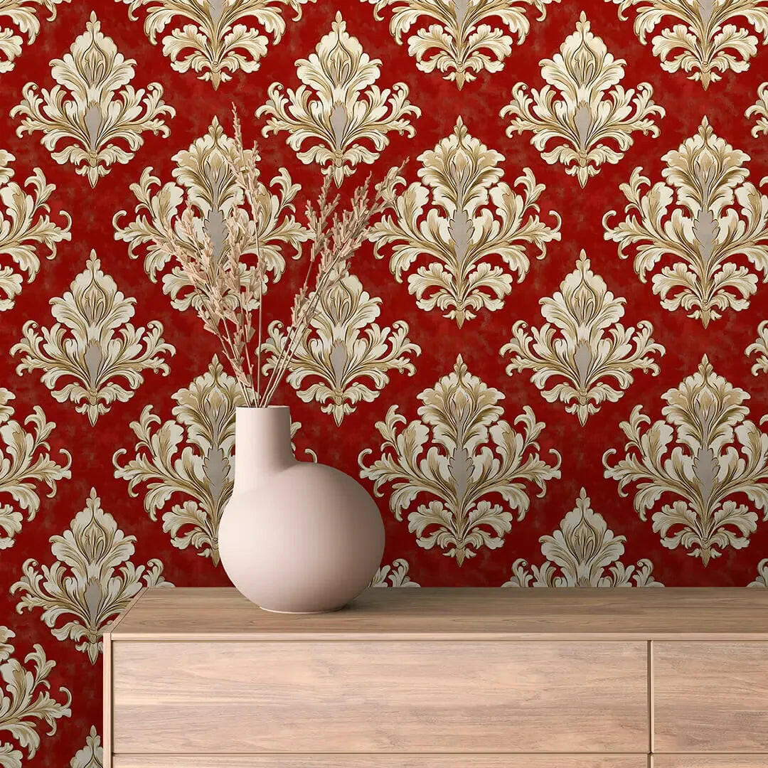 Regal Crimson Damask Flourish - WallCreatives