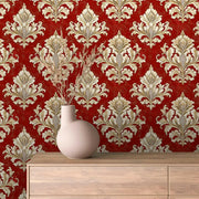 Regal Crimson Damask Flourish - WallCreatives