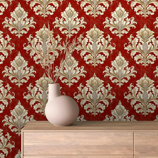 Regal Crimson Damask Flourish - WallCreatives