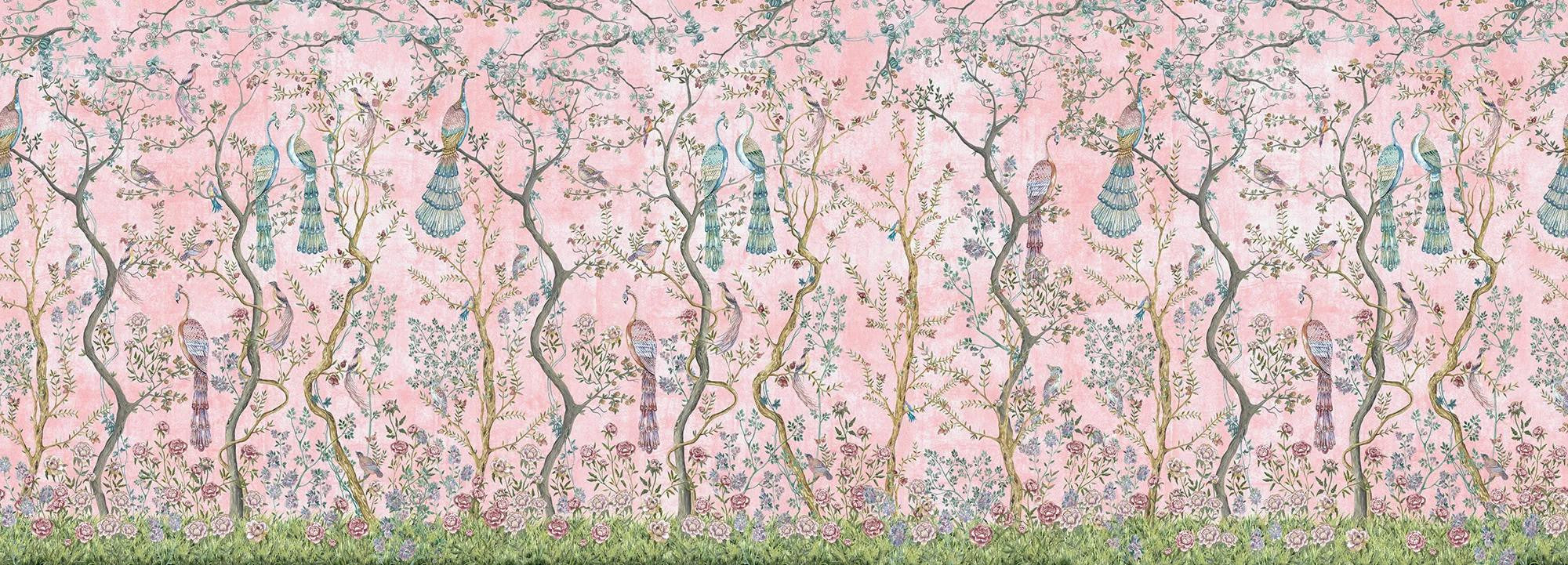 Peacock Chinoiserie in Rosa Wallpaper Vladila