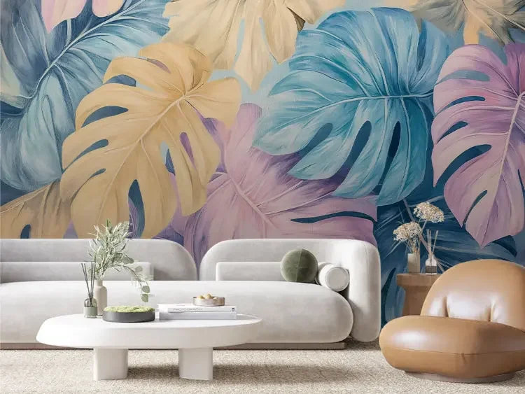 whispering monstera leaves mural - wallcreatives