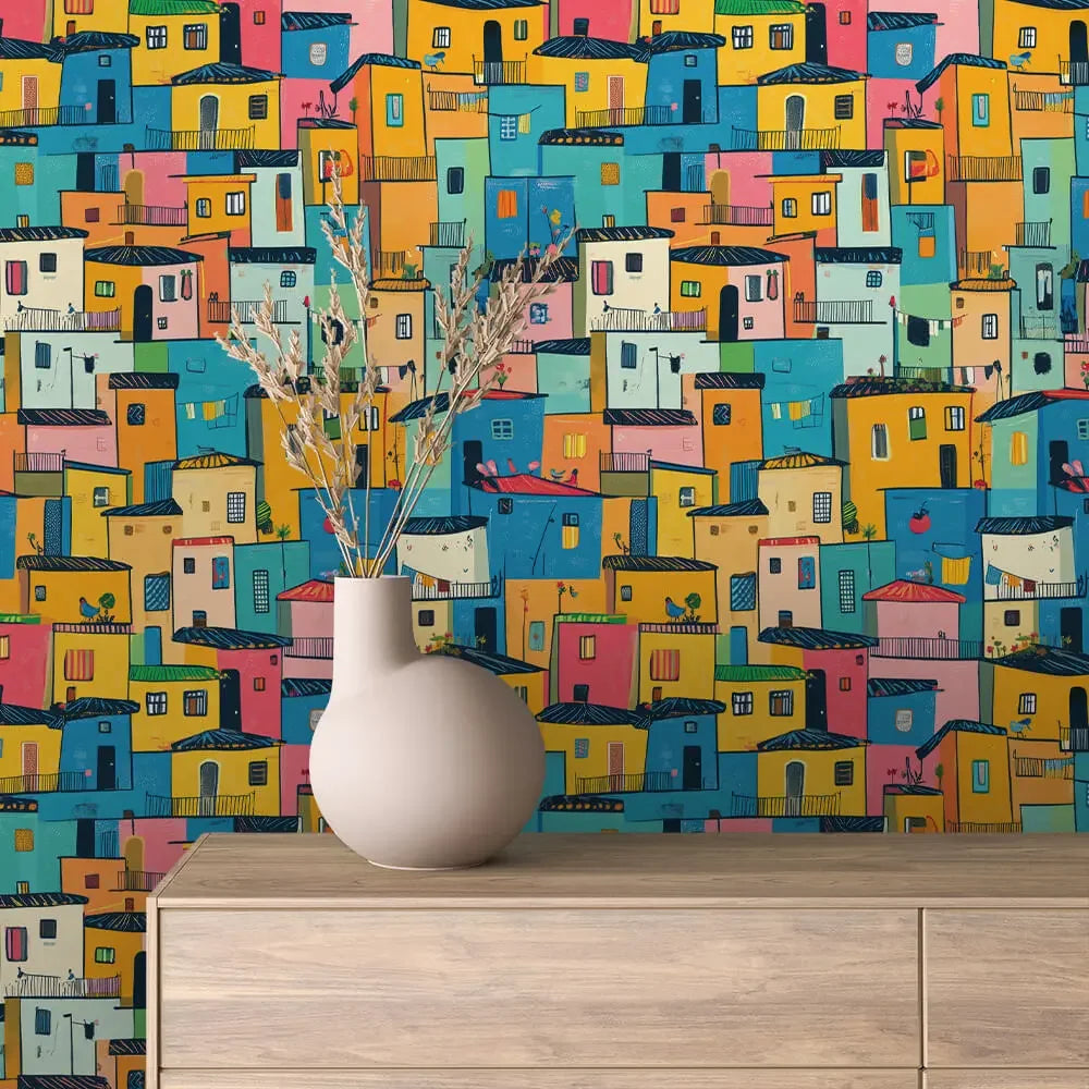 Vibrant Hillside Village - WallCreatives
