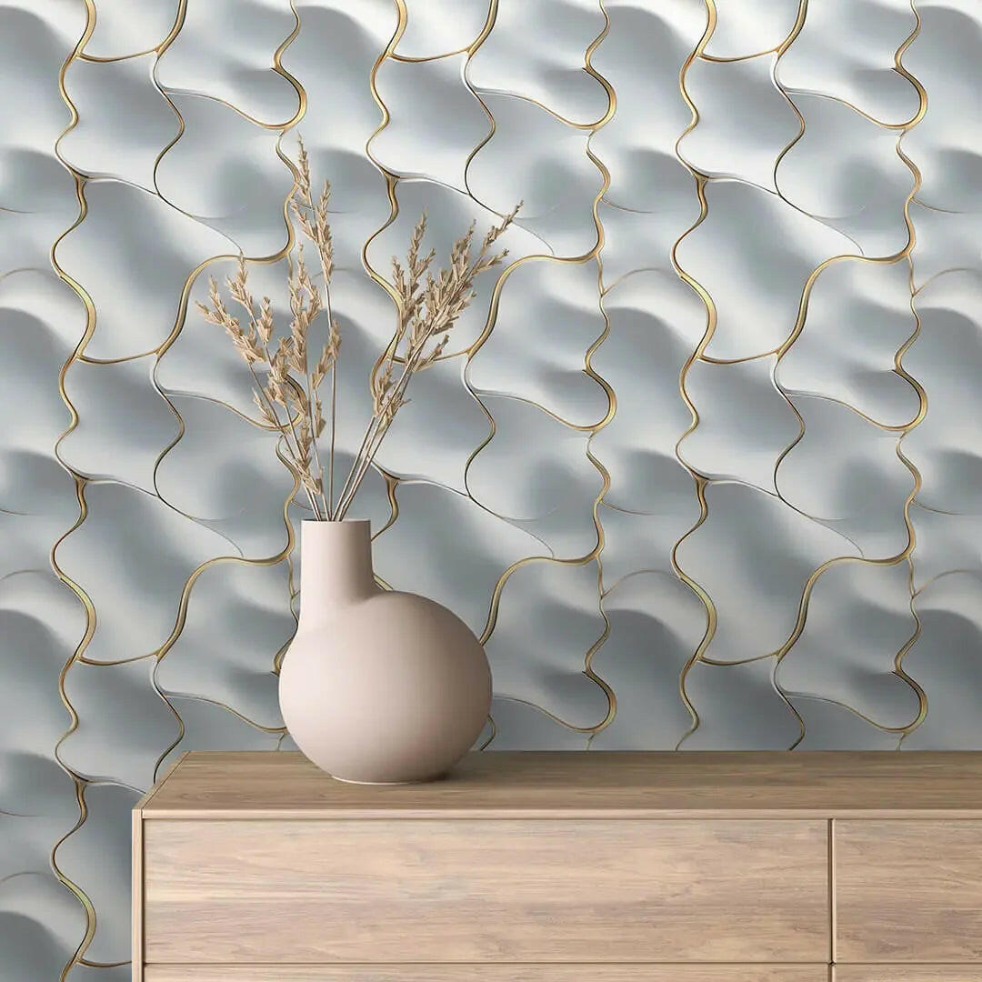 Golden Seams on Flowing Pearl - WallCreatives