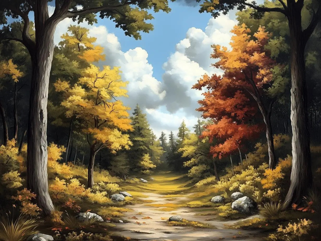 sunlit autumn forest path - wallcreatives