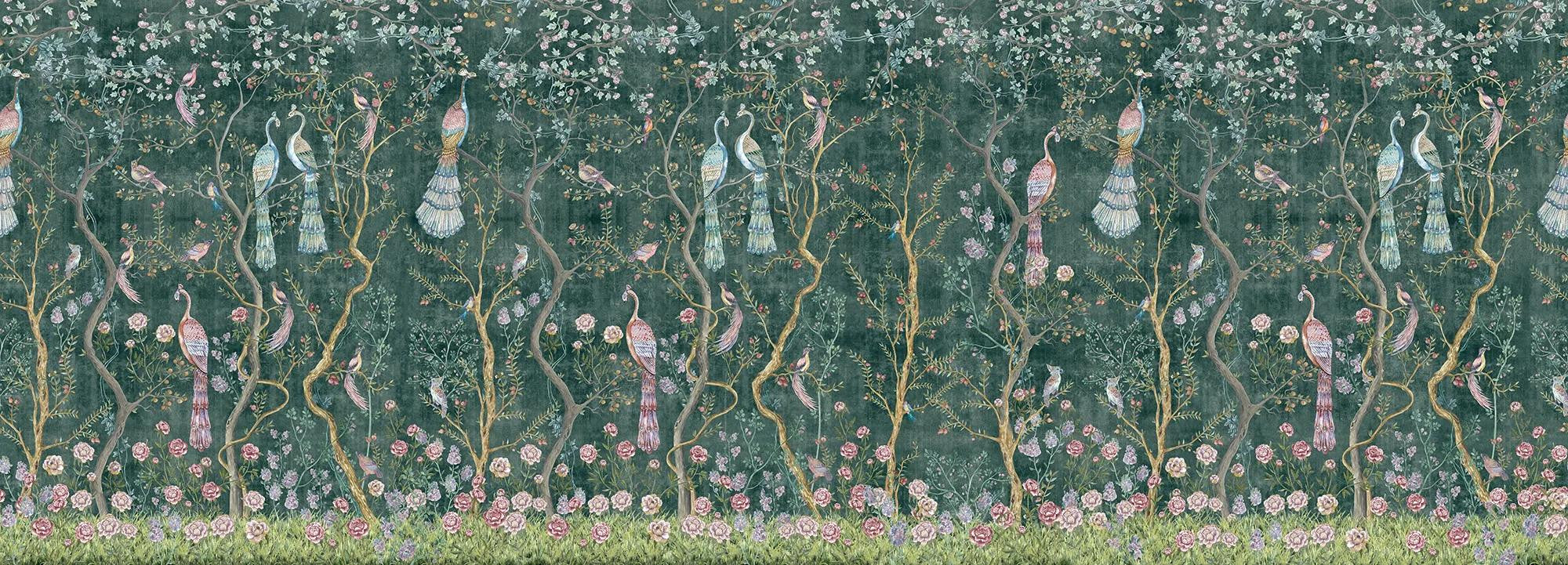 Peacock Chinoiserie in Emerald Wallpaper Vladila