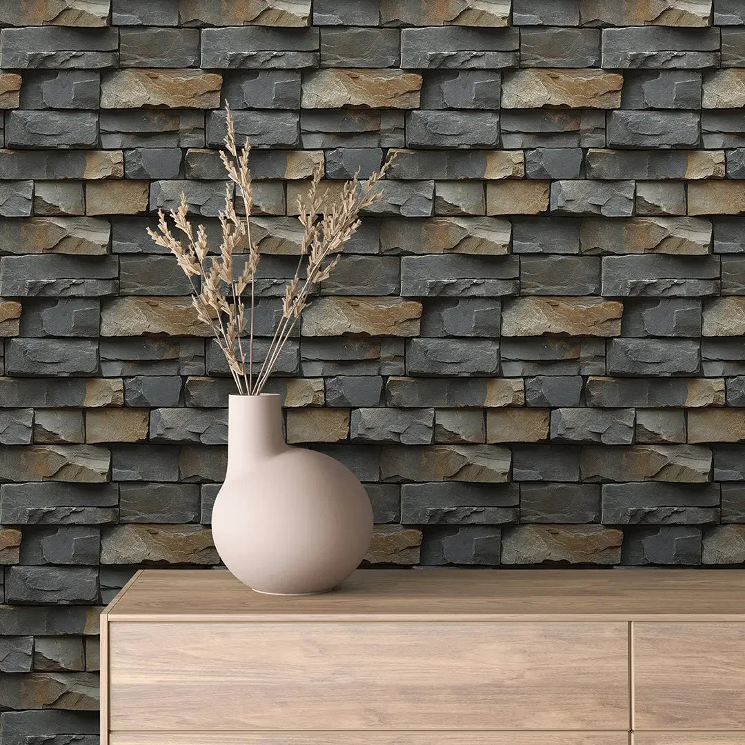 Charcoal Earth Stacked Stone Wall - WallCreatives