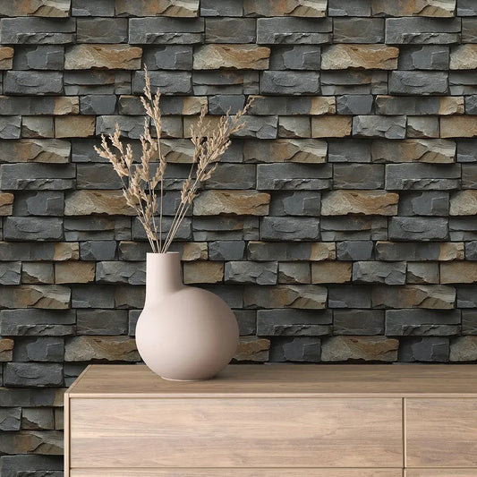 Charcoal Earth Stacked Stone Wall - WallCreatives