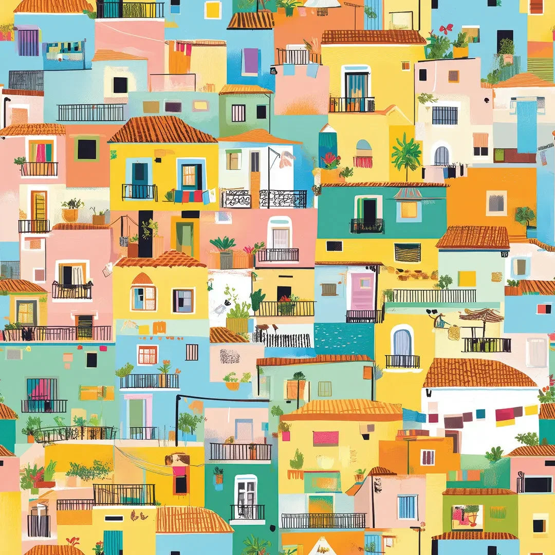 Vibrant Hillside Village Escape - WallCreatives