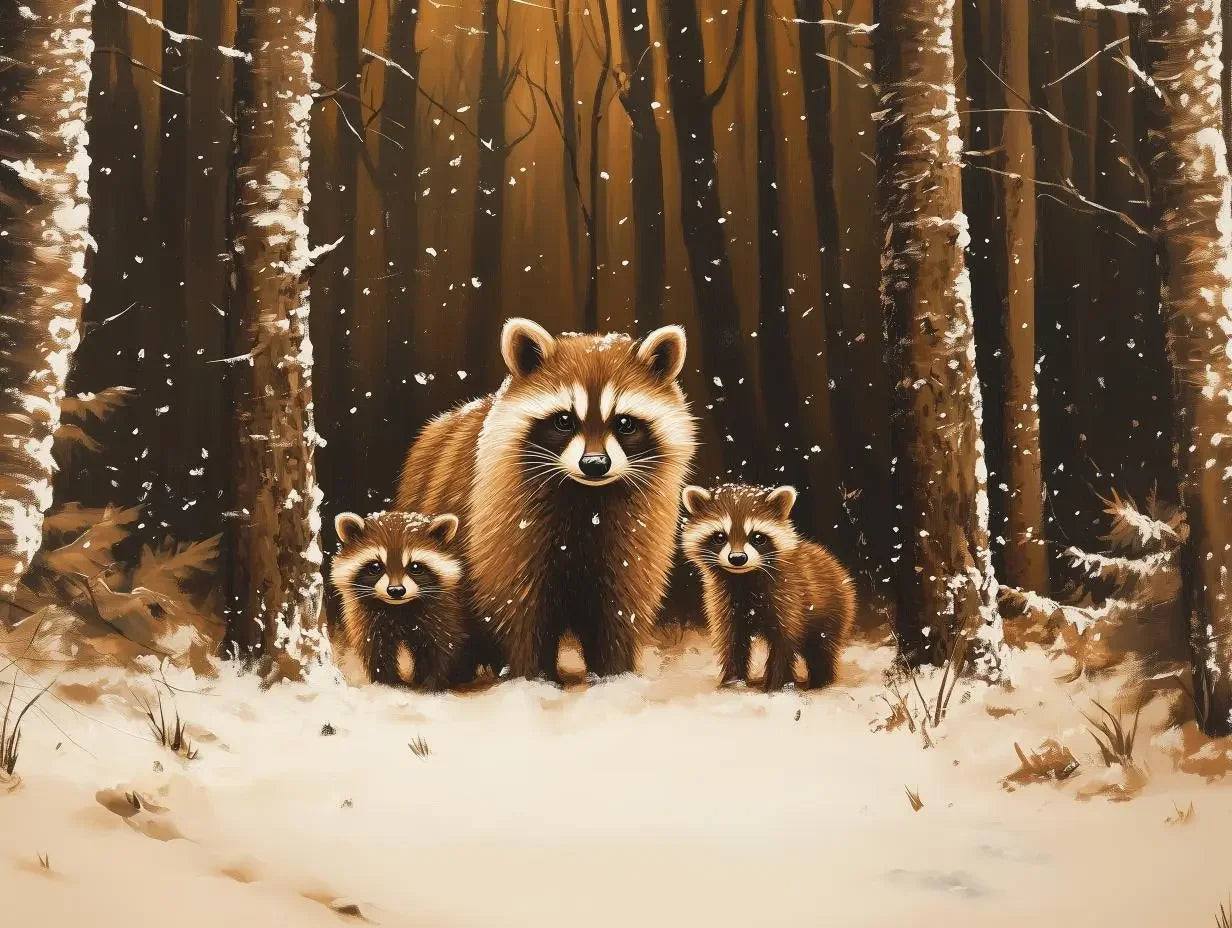 First Snowfall Raccoon Family - WallCreatives