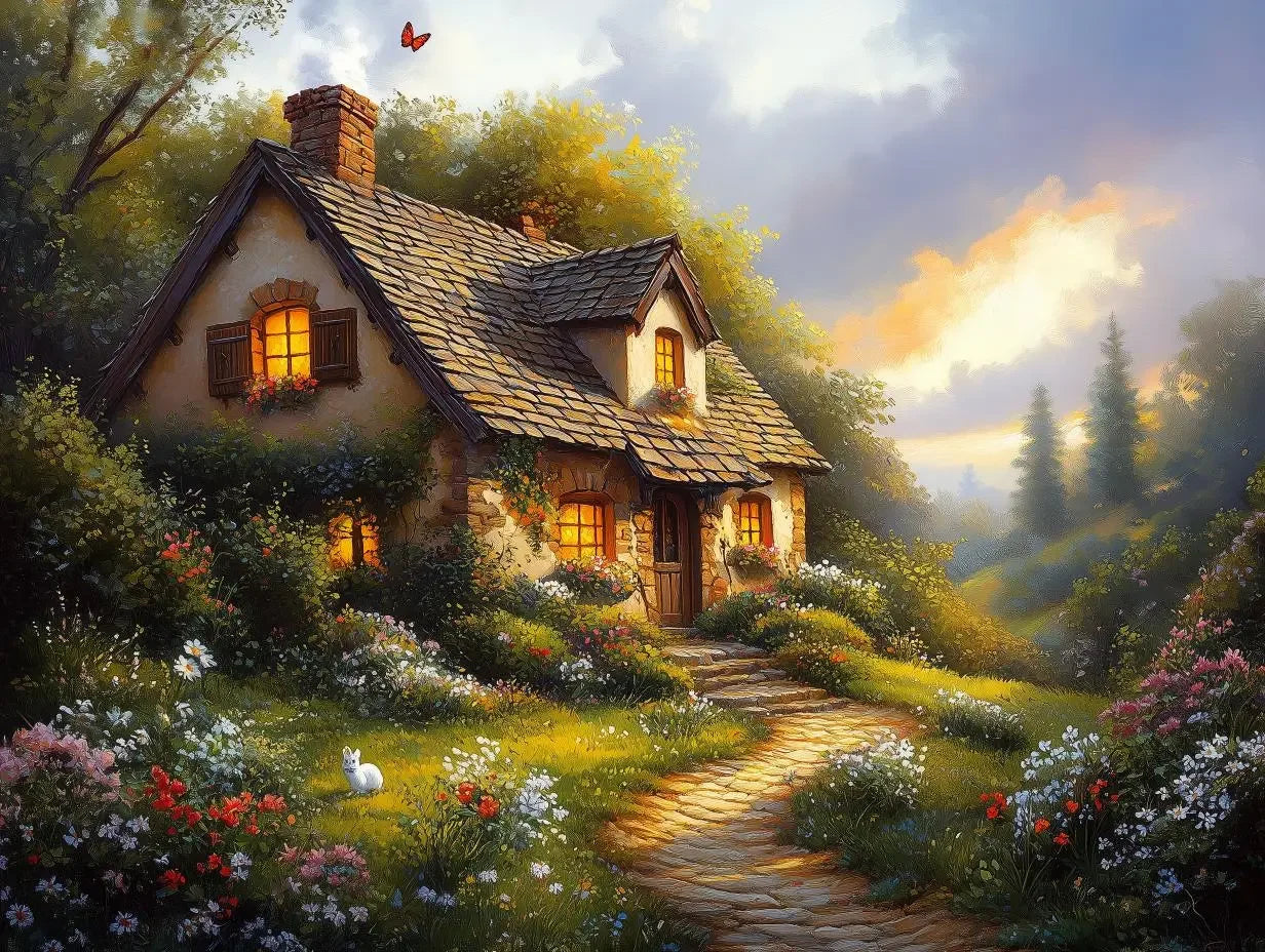 Sunset Cottage Meadow - WallCreatives