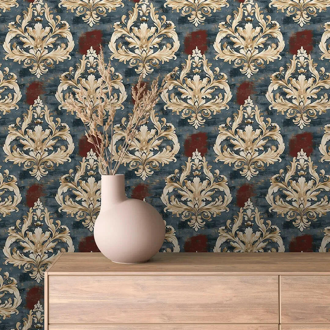 Regal Slate & Crimson Damask - WallCreatives