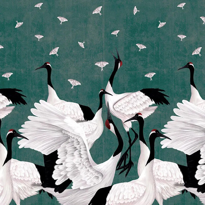 Grus Japonesis in Green Wallpaper Vladila