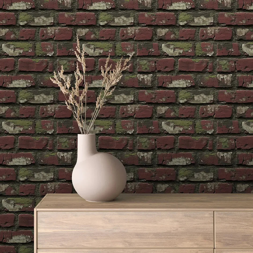 vintage crimson moss brick wall - wallcreatives
