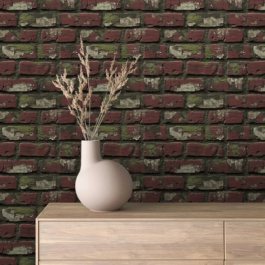 Vintage Crimson Moss Brick Wall - WallCreatives
