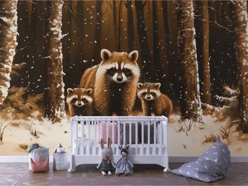 First Snowfall Raccoon Family - WallCreatives