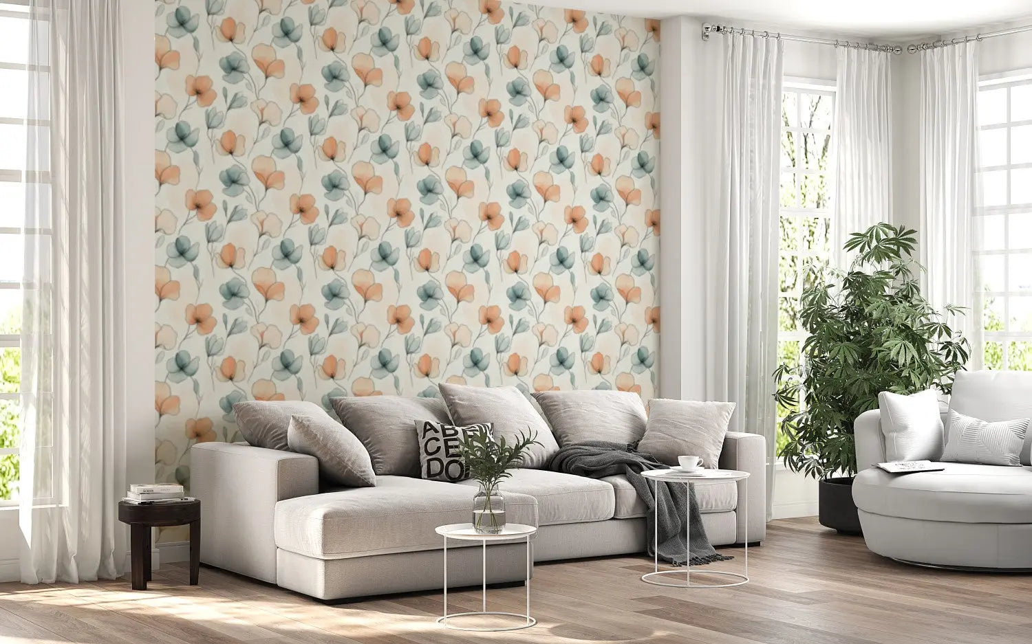 Whispering Blooms in Teal and Coral WallCreatives