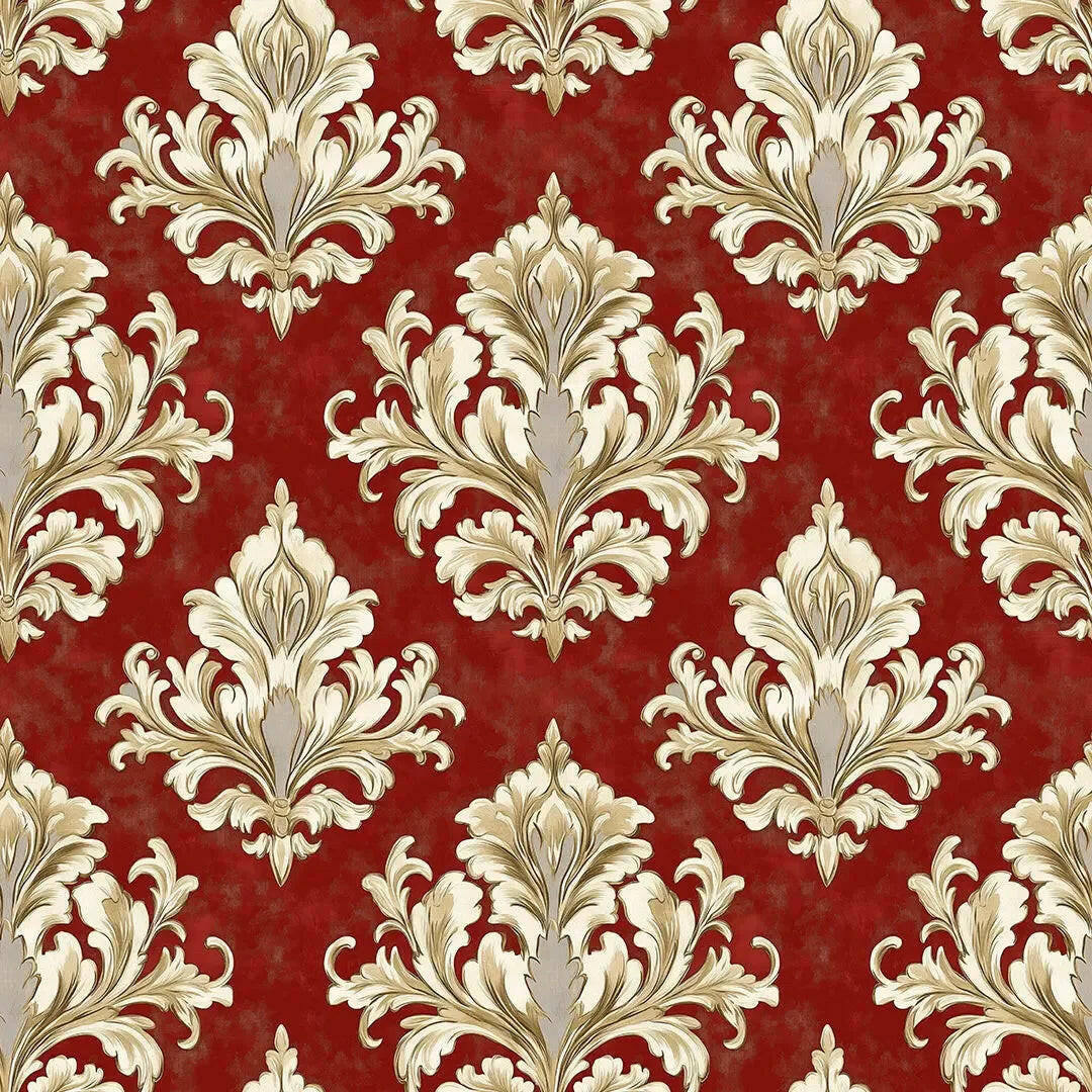 Regal Crimson Damask Flourish - WallCreatives
