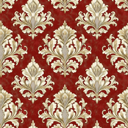 Regal Crimson Damask Flourish - WallCreatives