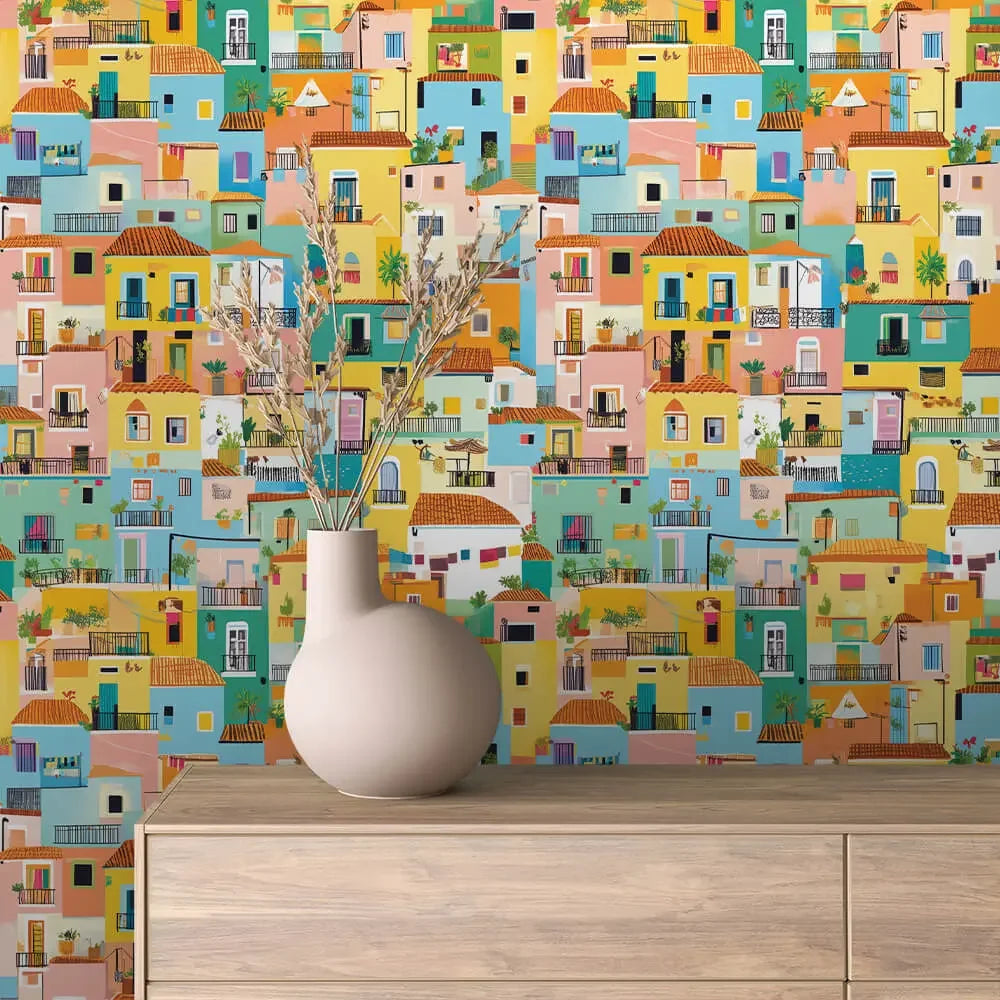 Vibrant Hillside Village Escape - WallCreatives