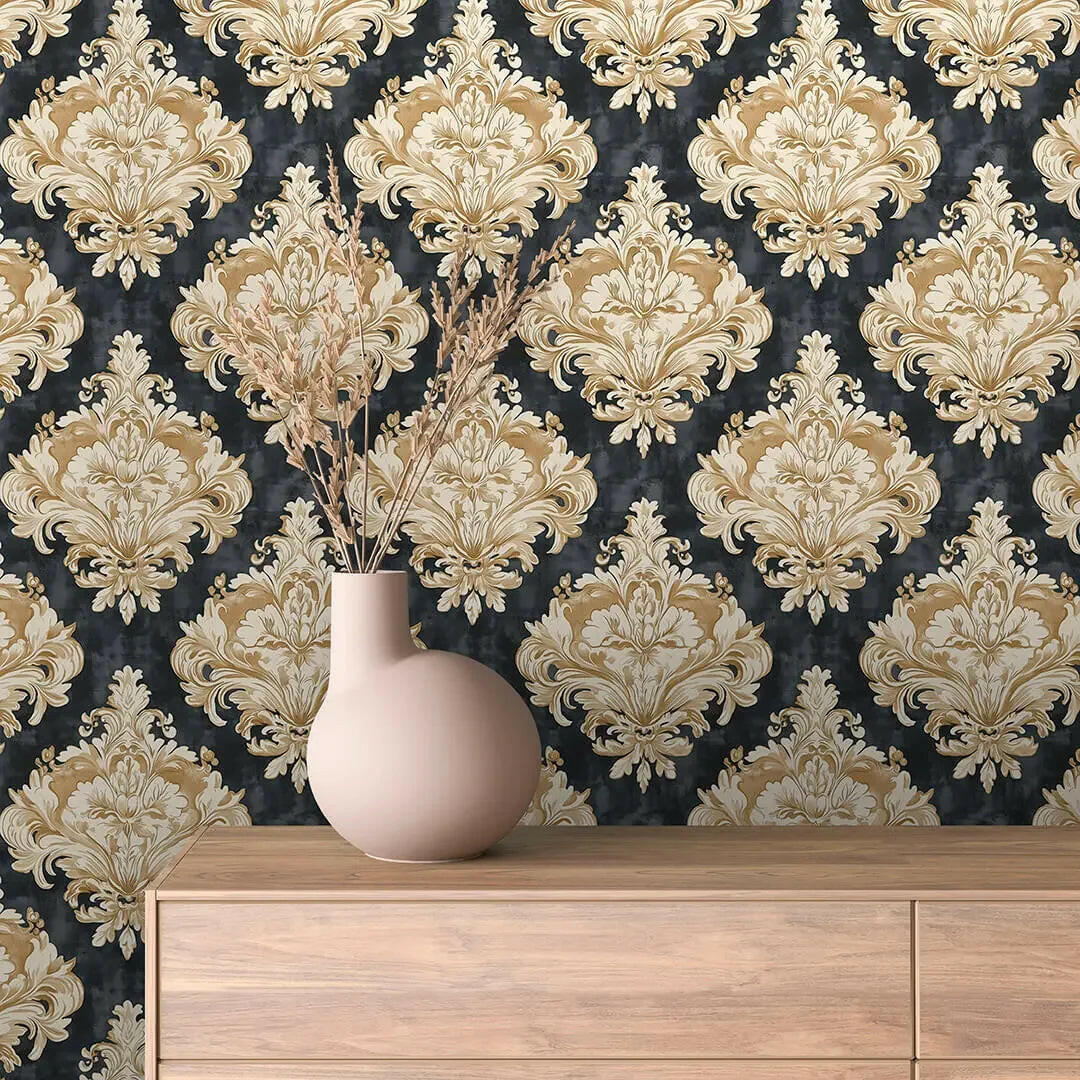 Gilded Noir Damask Wallpaper - WallCreatives