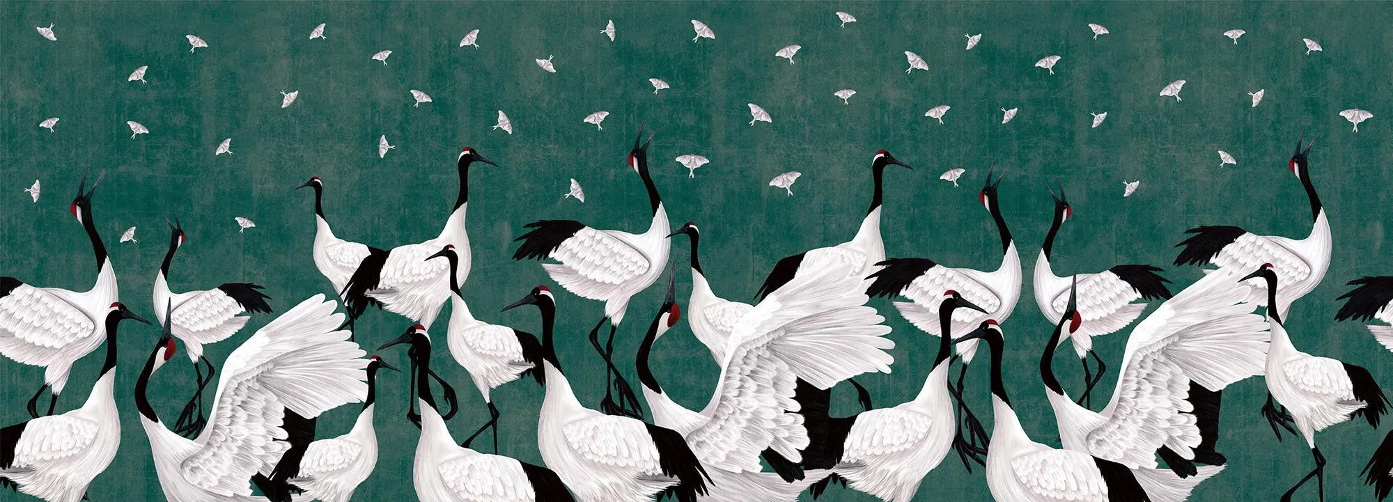 Grus Japonesis in Green Wallpaper Vladila