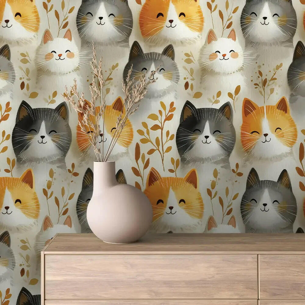 Whispering Whiskers & Leaves Wallpaper - WallCreatives