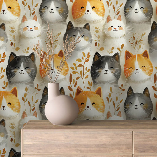 Whispering Whiskers & Leaves Wallpaper - WallCreatives